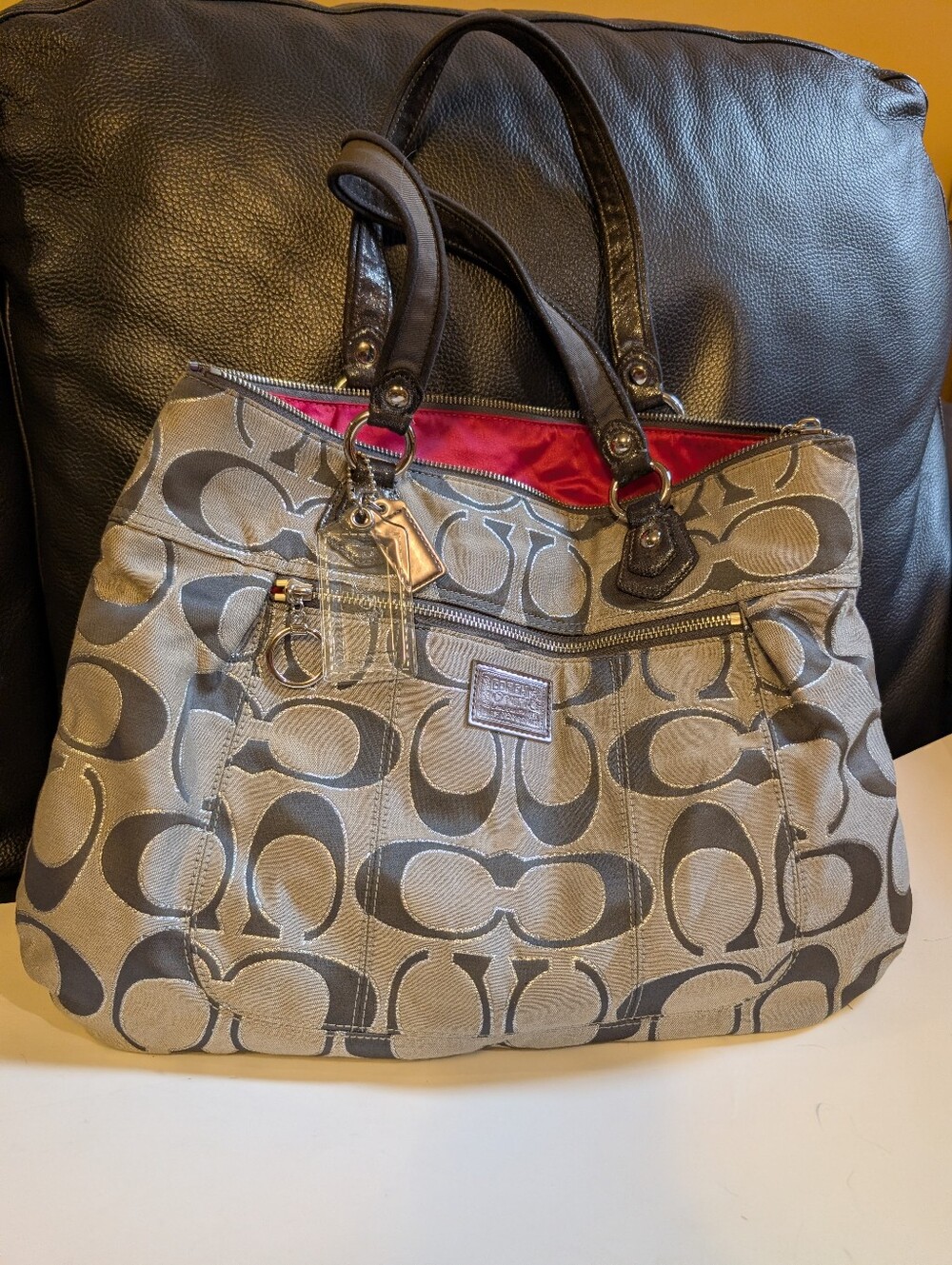 Authentic Coach Poppy Signature Glam Tote Bag Gray Monogram Canvas #17890 Y2K